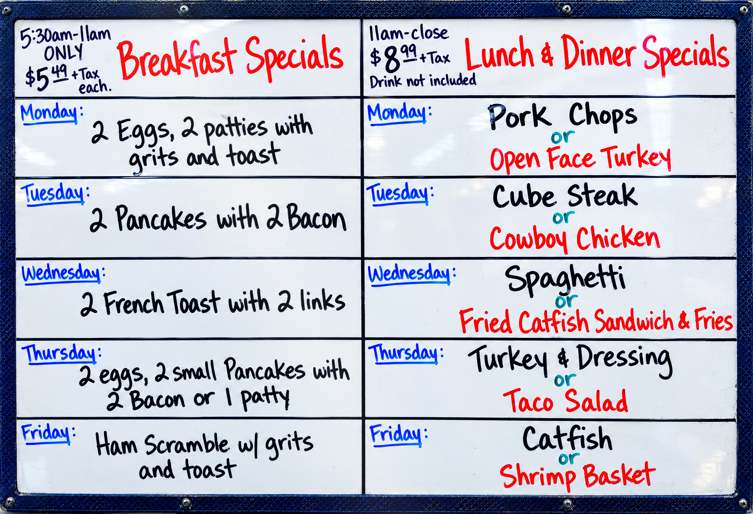 Victoria's weekly breakfast, lunch and dinner specials board