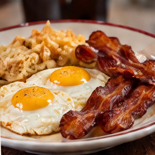 Fried eggs, bacon and hash browns