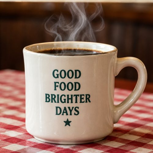 A steaming mug of coffee on a gingham tablecloth